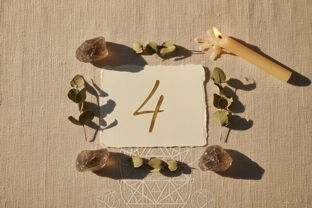 Numerology number 4 gold calligraphy on handmade paper with smoky quartz crystals and eucalyptus on cream linen