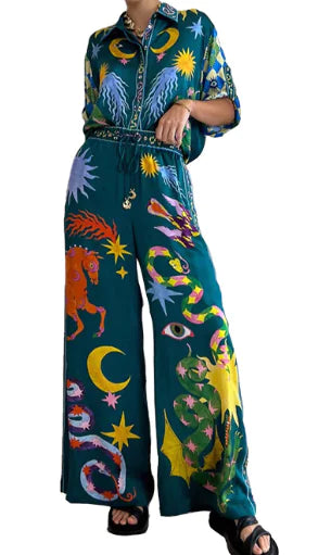 Sun and Moon Print High-Waisted Jumpsuit (One Piece)