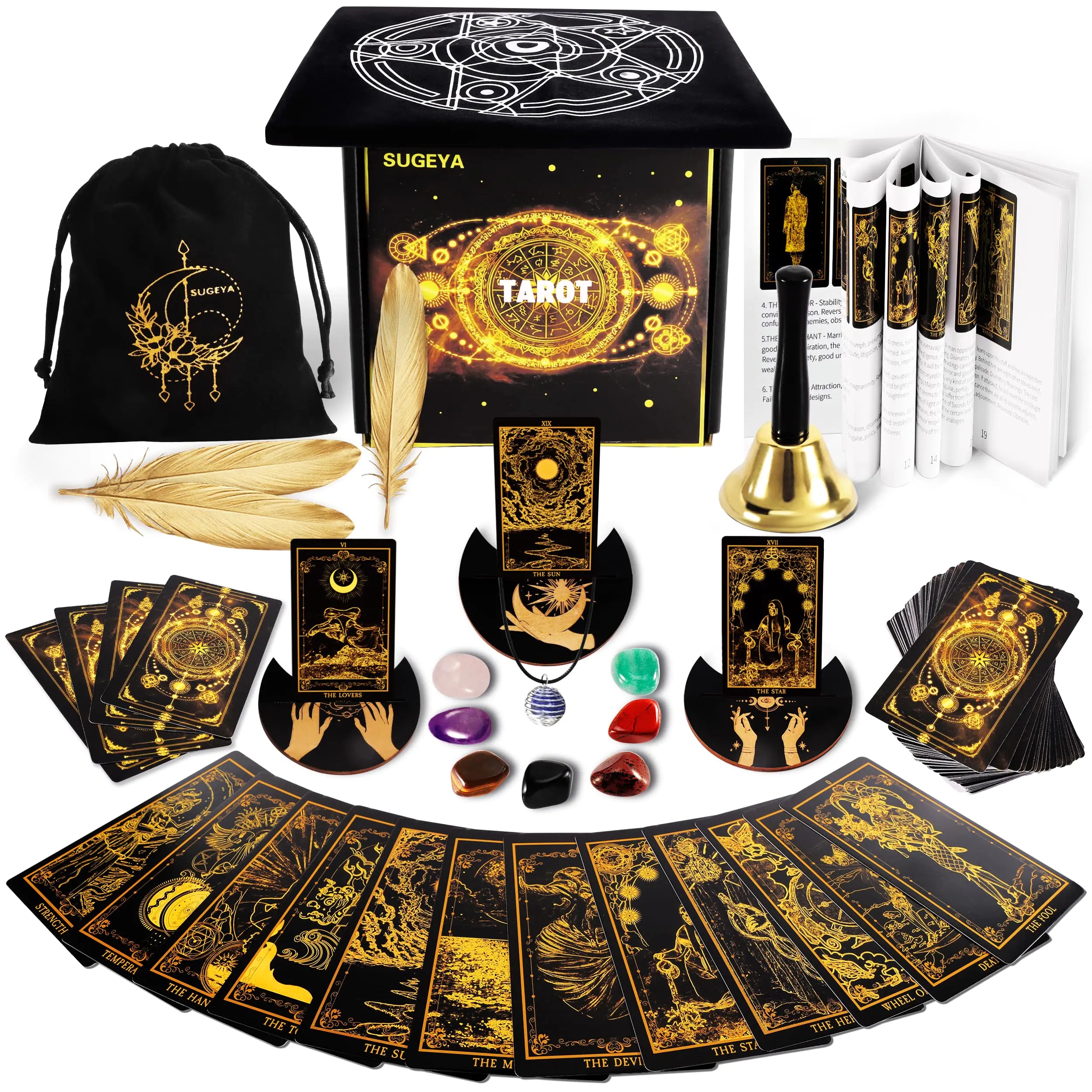 Complete Tarot Starter Kit | 78 Card Black & Gold Deck with Guidebook | Chakra Stones, Altar Cloth & Accessories Gift Set