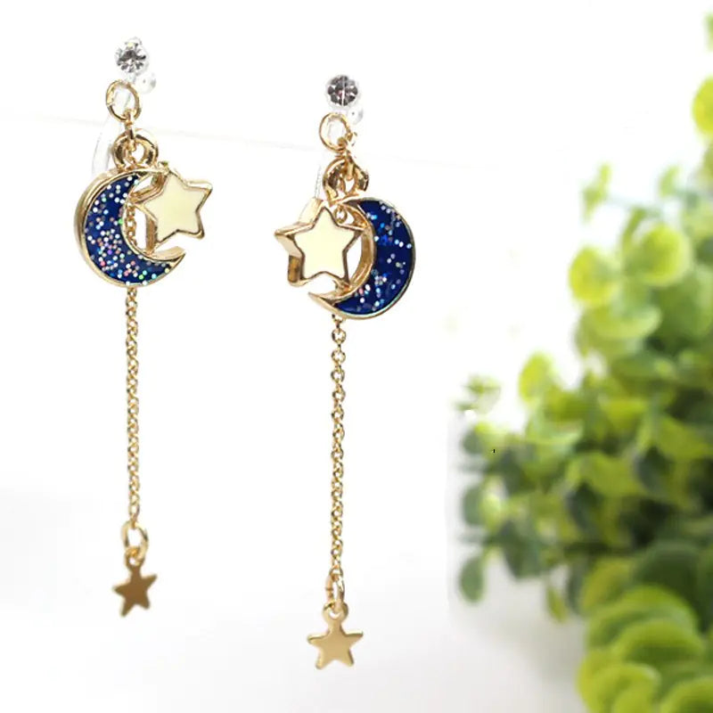 Celestial Moon & Star Tassel Earrings — Blue Gold Drop