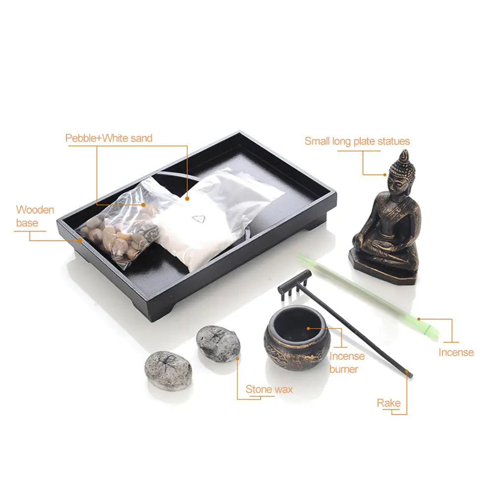 Zen Buddha Statue with Wooden Sand Tray and Iron Candleholder