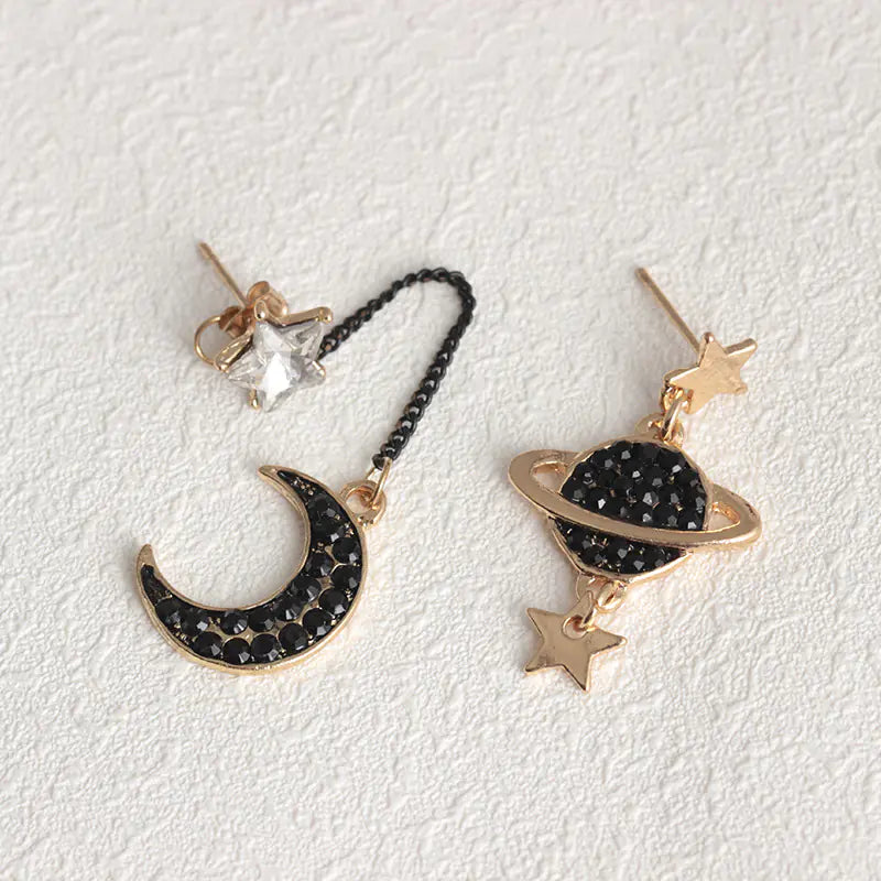 Moon & Saturn Drop Earrings — Asymmetrical Celestial Set