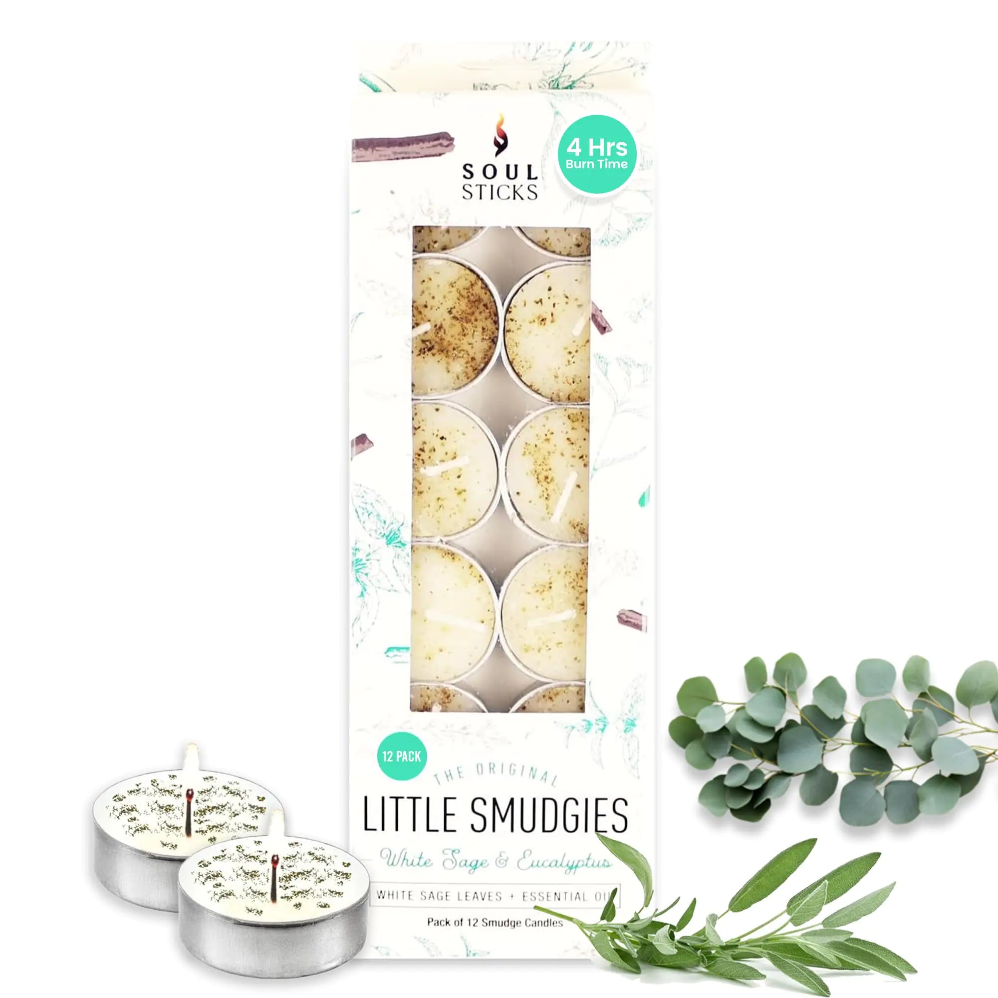 SOUL STICKS 12 Pack Little Smudgies Tealight Candles Smudge Candle for Cleansing House Meditation Chakra Healing | Made with Crystals and Herbs (White Sage & Eucalyptus)