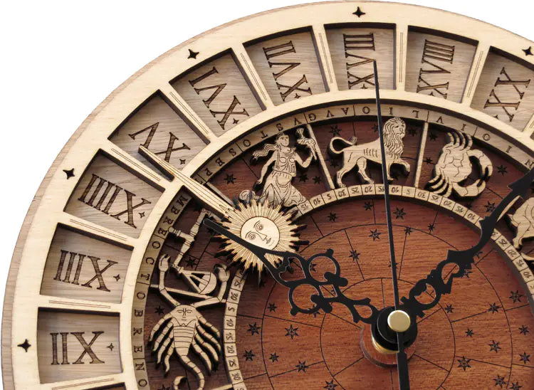 Prague Astronomical Clock Replica | Zodiac Wall Clock | Mystical Wooden Astrology Home Decor