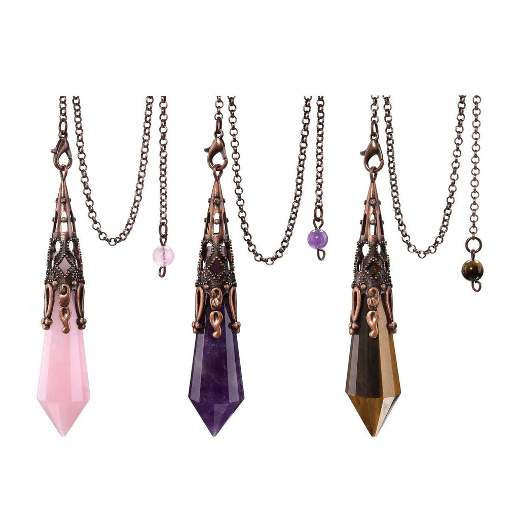 Sacred Trio Crystal Pendulum Set — Amethyst, Rose Quartz & Tiger Eye