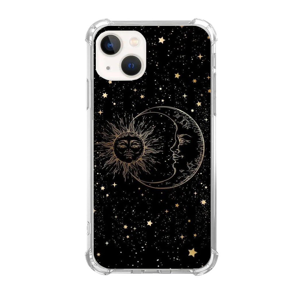 Celestial Sun & Moon iPhone 13 Mini Case | Mystical Black Aesthetic Phone Cover | Spiritual Hippie Cosmic Design | Protective TPU Case