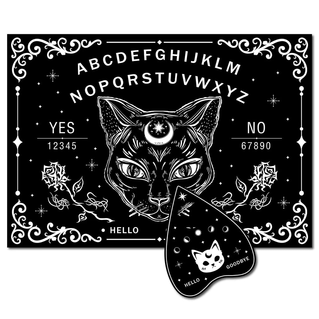 Black Cat Spirit Board — Wooden Pendulum Board with Planchette 11.8x8.3"