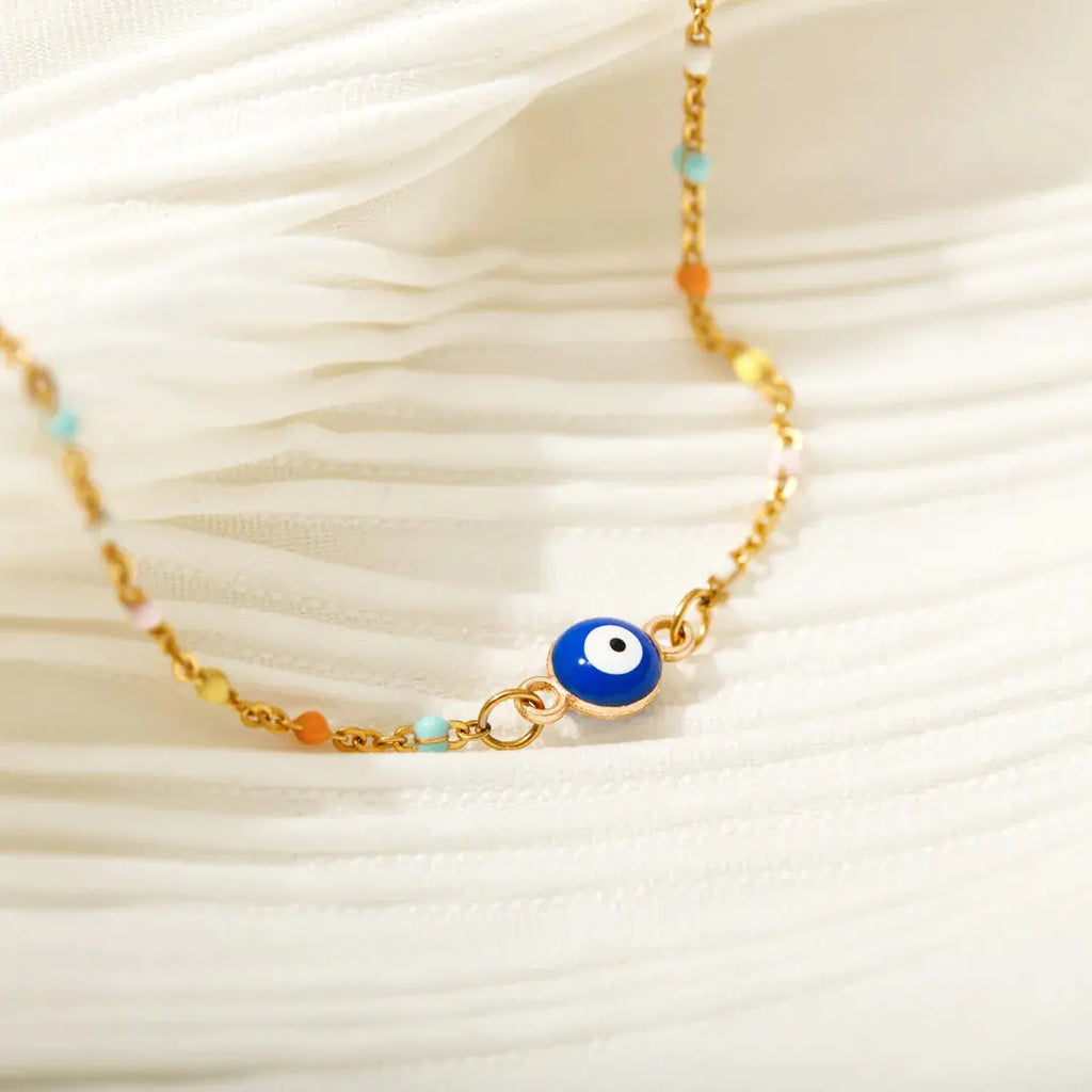 Sterling Silver Evil Eye Bracelet | S925 Enamel Nazar Protection | Blue Gold Charm Bracelet | Spiritual Jewelry | Good Luck Gift for Her