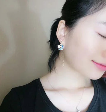 Celestial Moon & Star Tassel Earrings — Blue Gold Drop