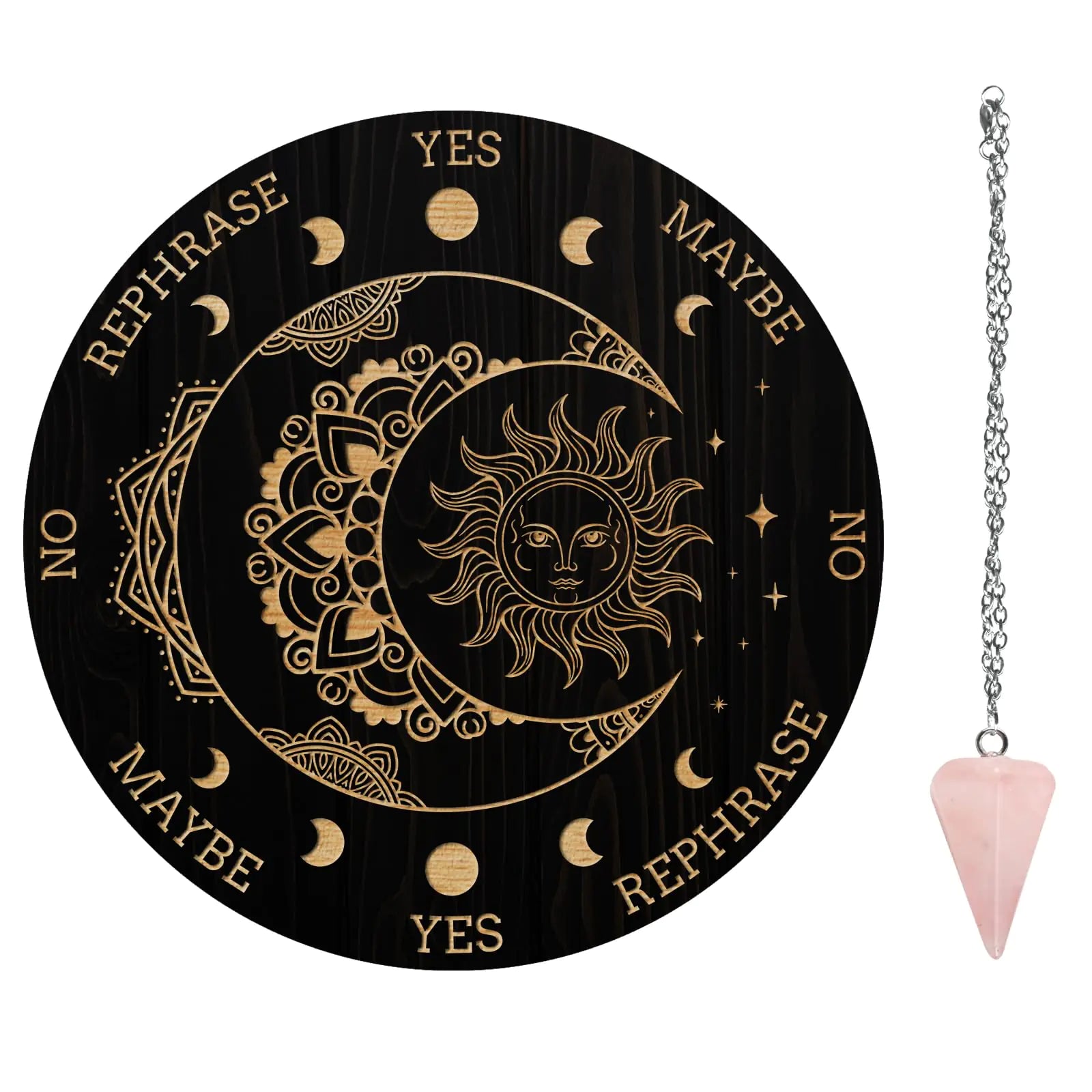 Pendulum Board & Crystal Pendulum Set | Wooden Dowsing Divination Kit | Sun Moon Mandala Design | Spiritual Altar Supplies for Beginners