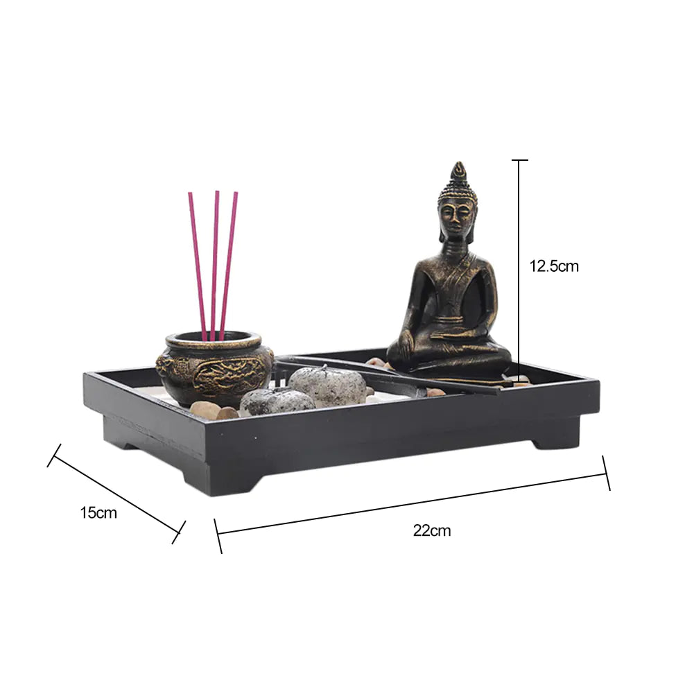 Zen Buddha Statue with Wooden Sand Tray and Iron Candleholder