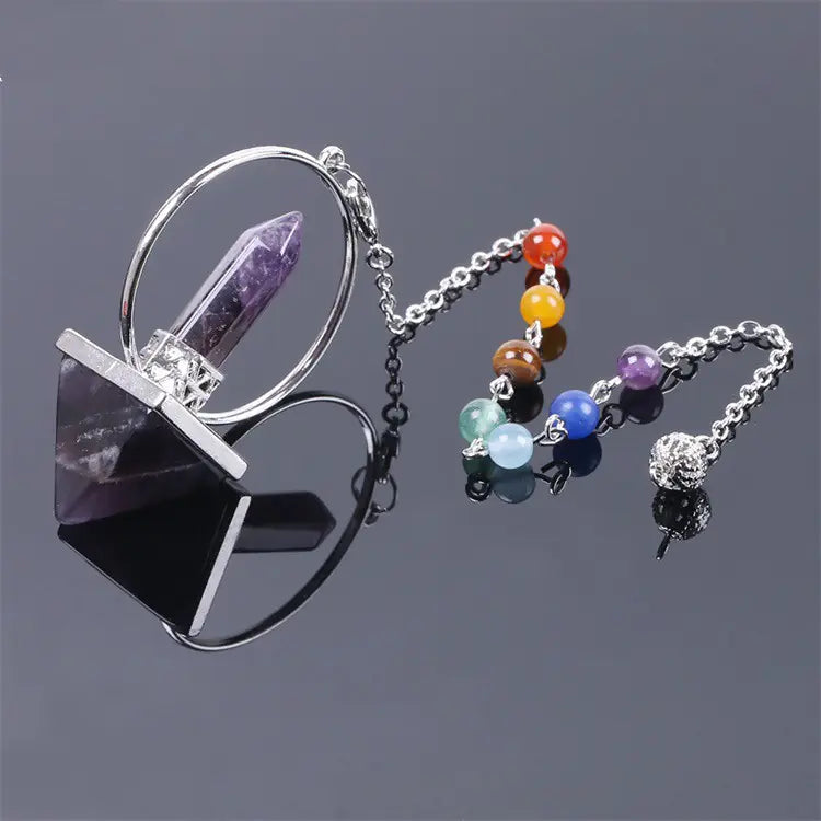 Obsidian Crystal Dowsing Pendulum | 7 Chakra Beaded Chain | Divination & Energy Healing Tool