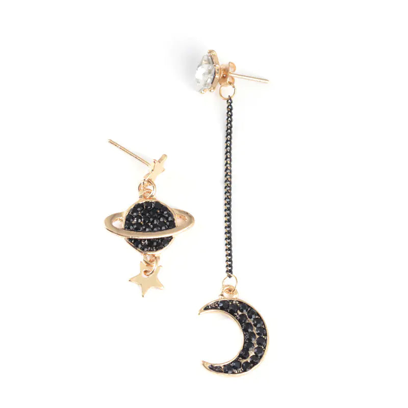 Moon & Saturn Drop Earrings — Asymmetrical Celestial Set