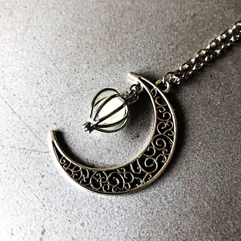 Halloween Hollow Moon Necklace with Heart Birdcage Pendant