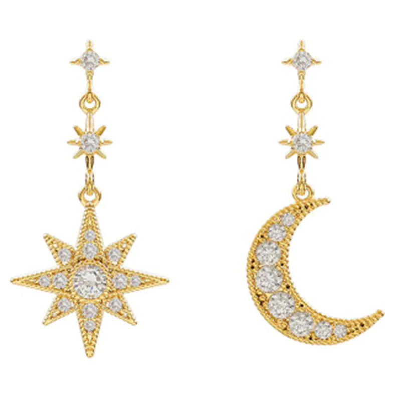 Asymmetrical Star & Moon Drop Earrings — 925 Sterling Silver