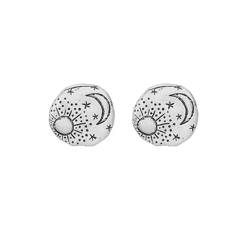 Celestial Star & Moon Stud Earrings — Antique Gold Silver Textured Studs