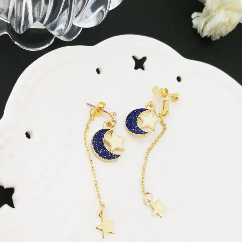 Celestial Moon & Star Tassel Earrings — Blue Gold Drop