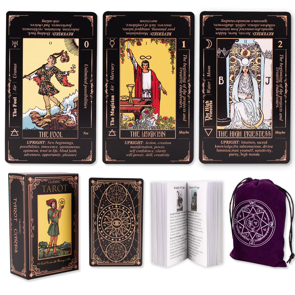 Beginner Tarot Cards with Meanings | 78 Card Black Deck with Guidebook | Learning Tarot Made Easy | Minimalist Design with Storage Bag