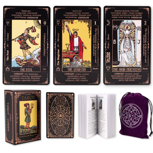 Beginner Tarot Cards with Meanings | 78 Card Black Deck with Guidebook | Learning Tarot Made Easy | Minimalist Design with Storage Bag