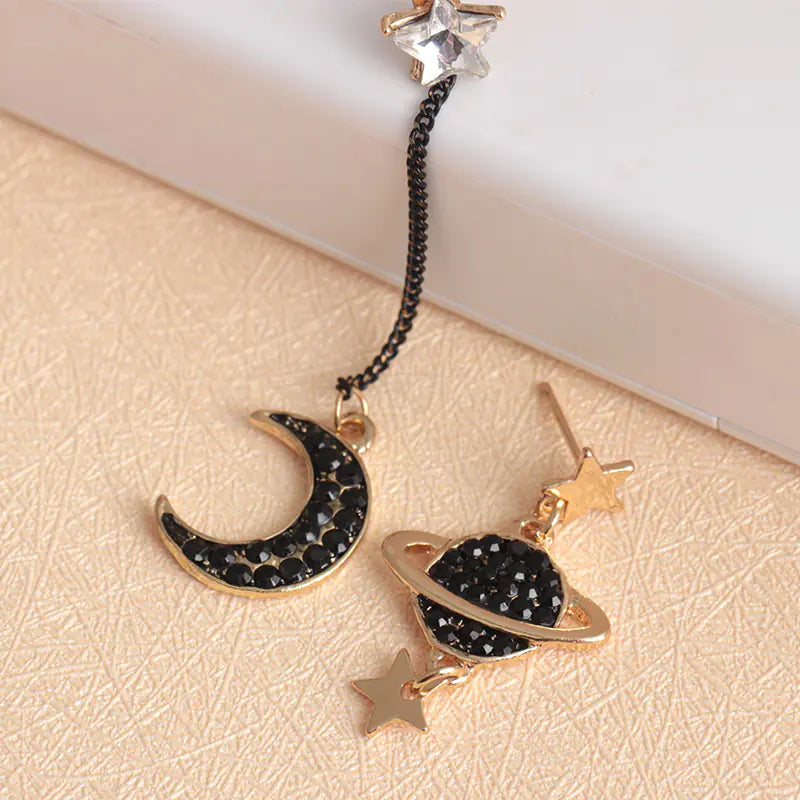 Moon & Saturn Drop Earrings — Asymmetrical Celestial Set