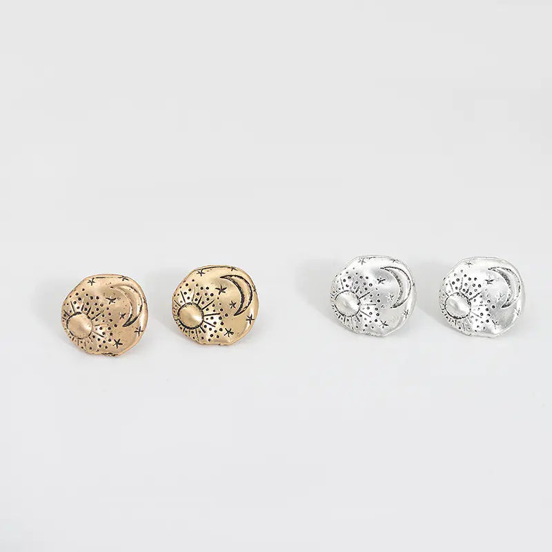 Celestial Star & Moon Stud Earrings — Antique Gold Silver Textured Studs