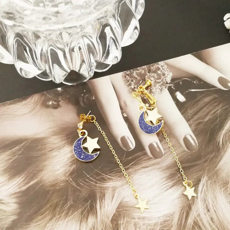 Celestial Moon & Star Tassel Earrings — Blue Gold Drop