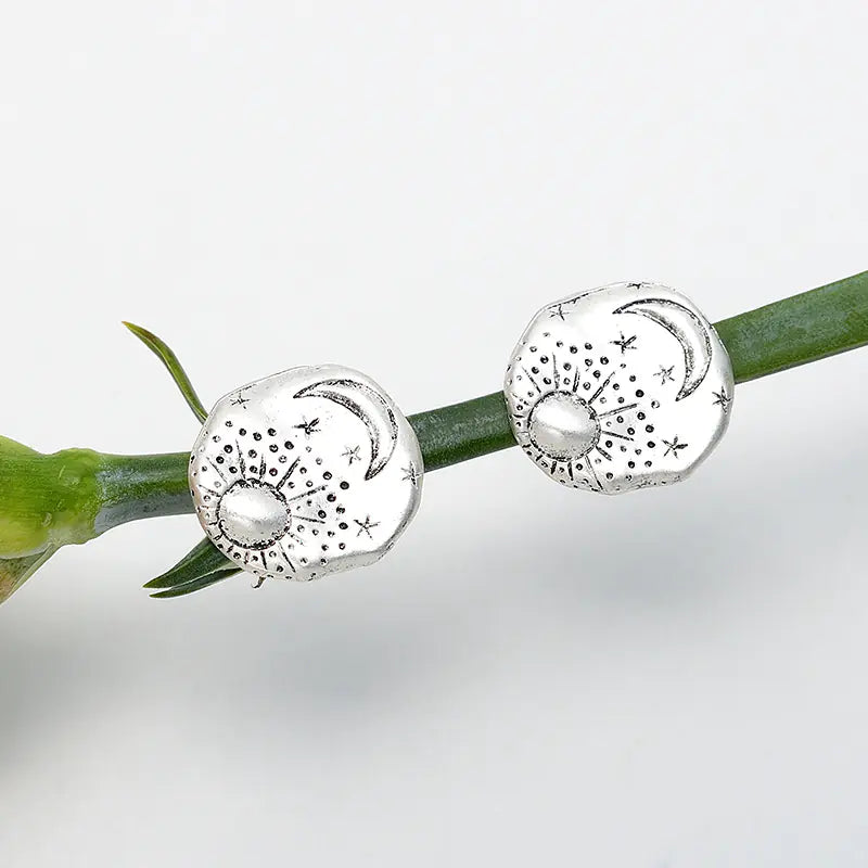 Celestial Star & Moon Stud Earrings — Antique Gold Silver Textured Studs