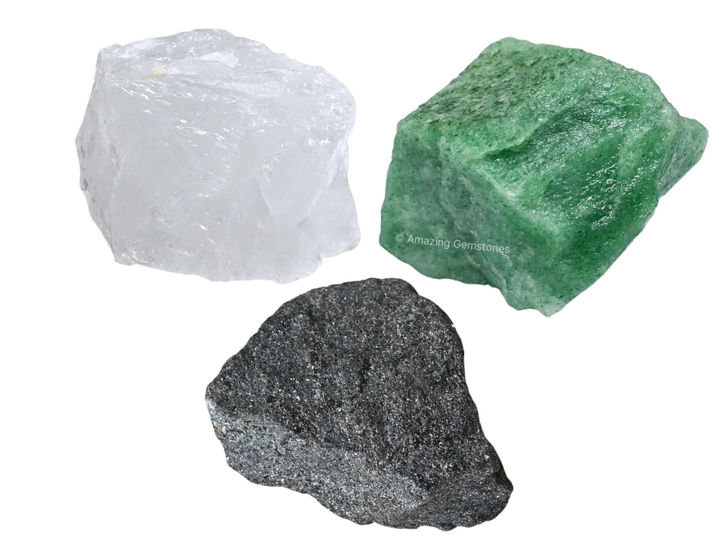 Aries Zodiac Crystal Set | 3 Raw Healing Stones | Green Aventurine, Clear Quartz & Hematite | Astrology Birthday Gift with Info Card