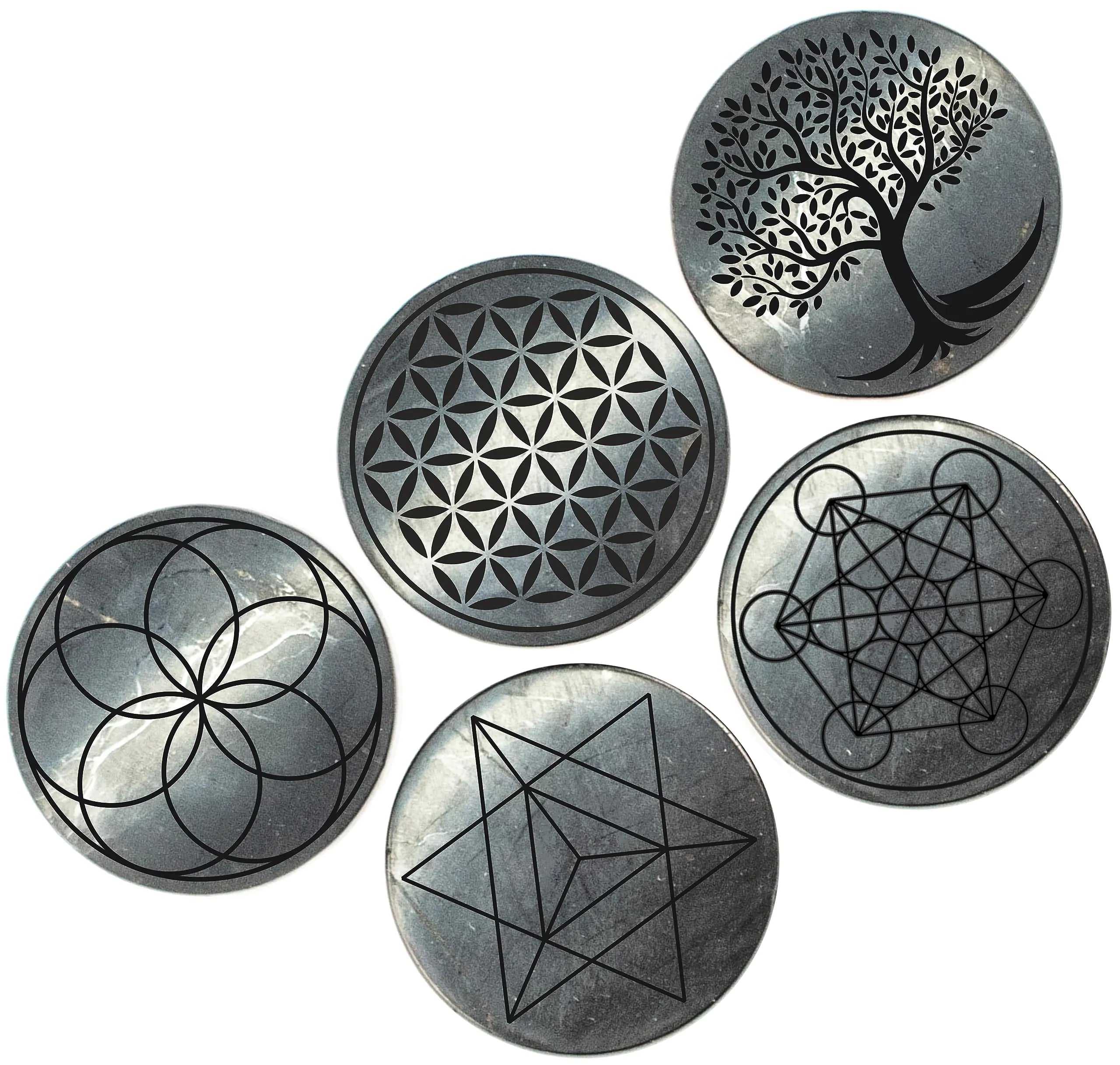 Shungite Sacred Symbol Stickers — 5-Piece Engraved Protection Plates for Devices
