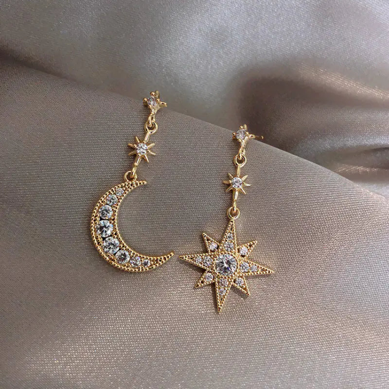 Asymmetrical Star & Moon Drop Earrings — 925 Sterling Silver