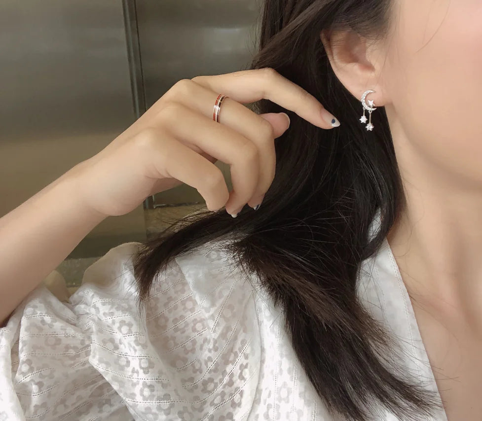 Star & Moon Tassel Drop Earrings — Asymmetric Celestial Silver