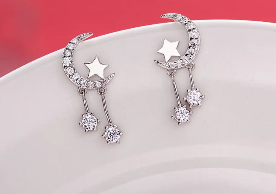 Star & Moon Tassel Drop Earrings — Asymmetric Celestial Silver
