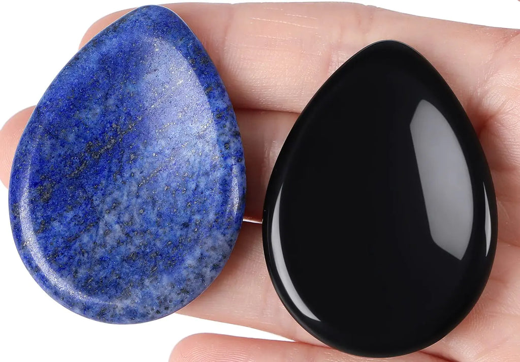 QINJIEJIE 2PCS Crystals Thumb Worry Stones for Anxiety Lapis Lazuli Obsidian Hand Carved Worry Stone Pocket Gemstones Meditation Crystal Reiki Relax Palm Stone Gift for Men