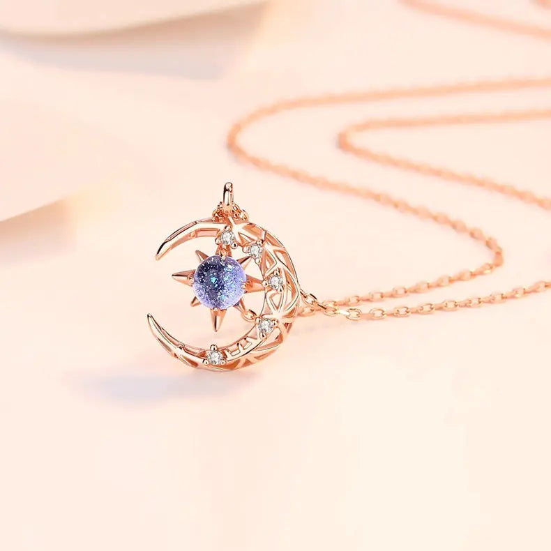 Star and Moon Crystal Pendant Necklace for Women