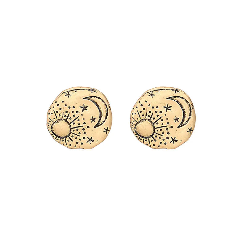 Celestial Star & Moon Stud Earrings — Antique Gold Silver Textured Studs
