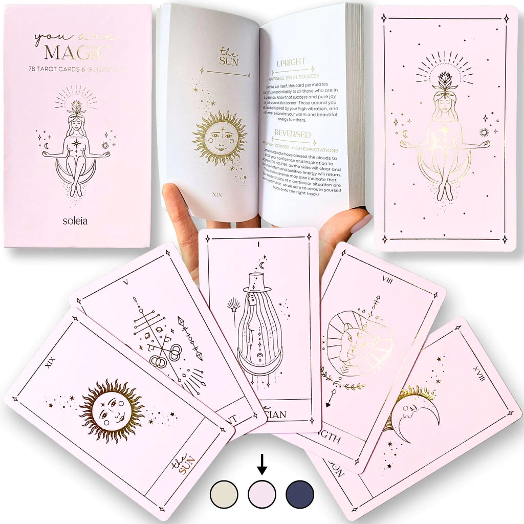 Soleia Original Tarot Cards Deck with Guide Book & Box | 78 Gold Foil Tarot Cards for Beginners & Experts | Modern Rider Waite Tarot Deck | Tarot Gifts for Adults | Pink Tarot Cards