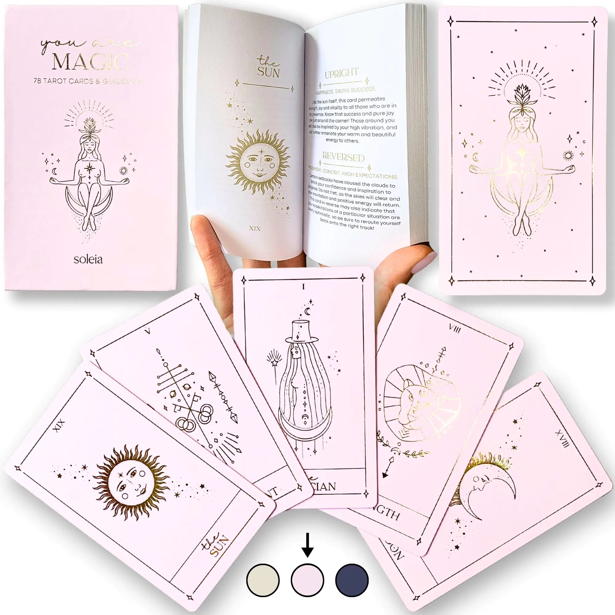 Soleia Original Tarot Cards Deck with Guide Book & Box | 78 Gold Foil Tarot Cards for Beginners & Experts | Modern Rider Waite Tarot Deck | Tarot Gifts for Adults | Pink Tarot Cards