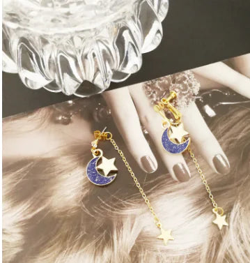 Celestial Moon & Star Tassel Earrings — Blue Gold Drop