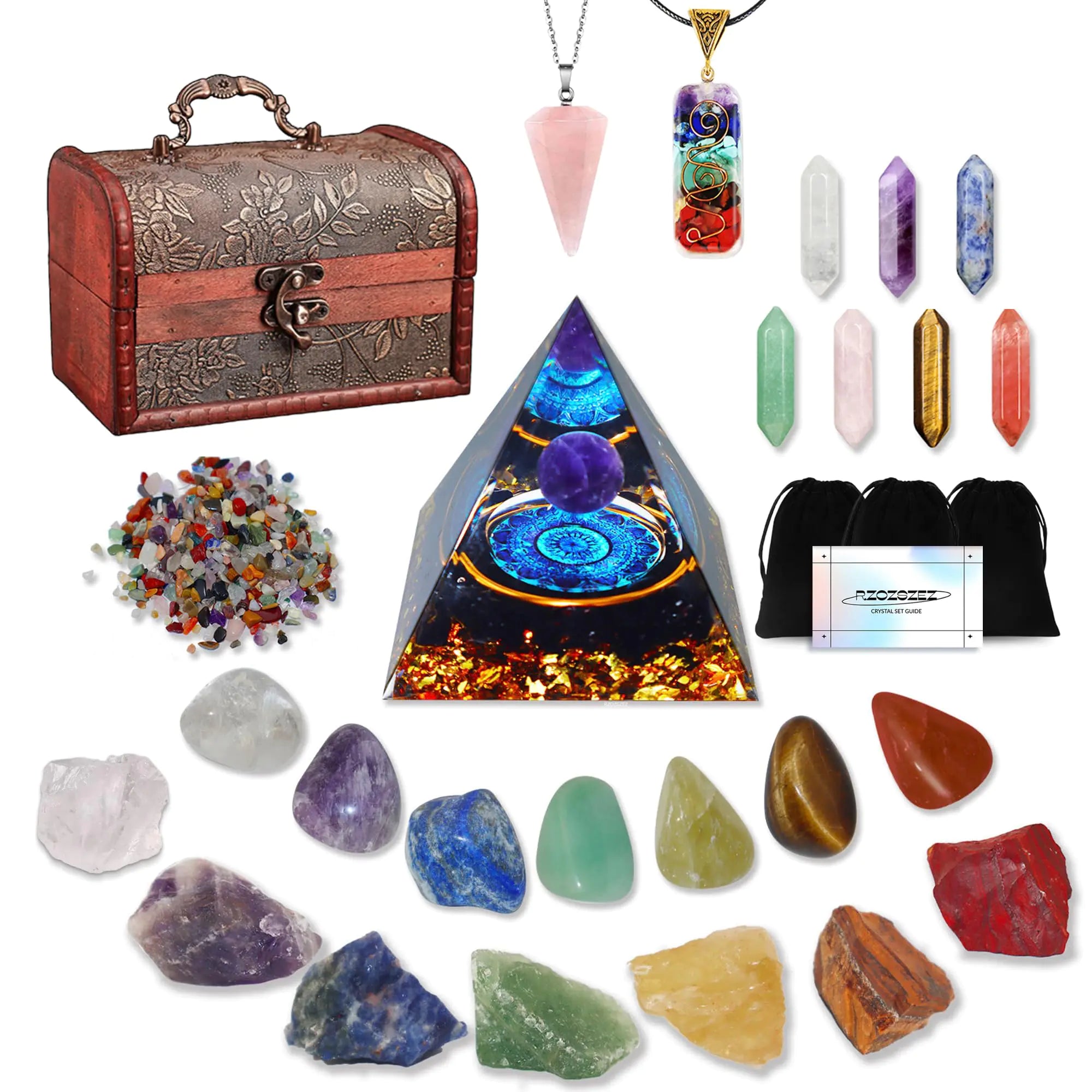 Complete Crystal Healing Set — 29 Piece Chakra Collection with Pyramid & Necklaces