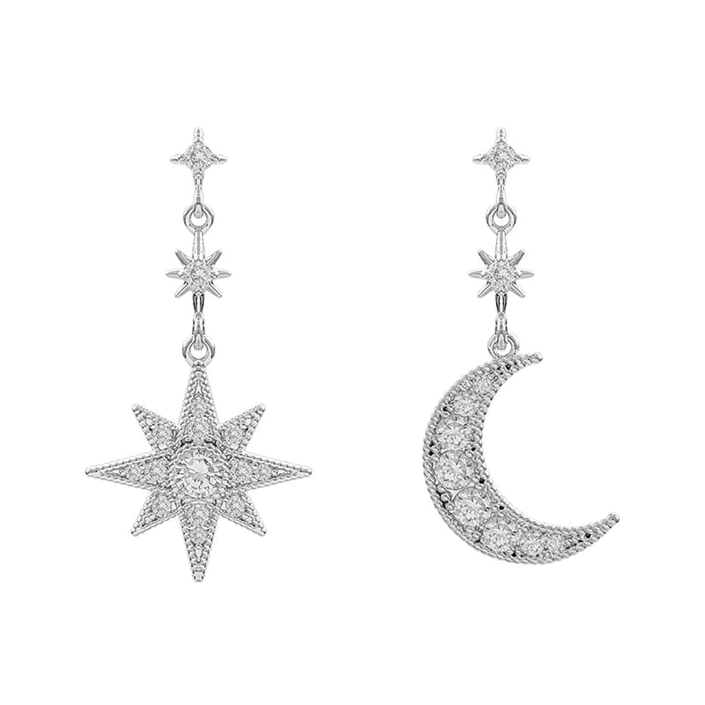 Celestial Moon & Star Dangle Earrings — Crystal Rhinestone Silver Drops