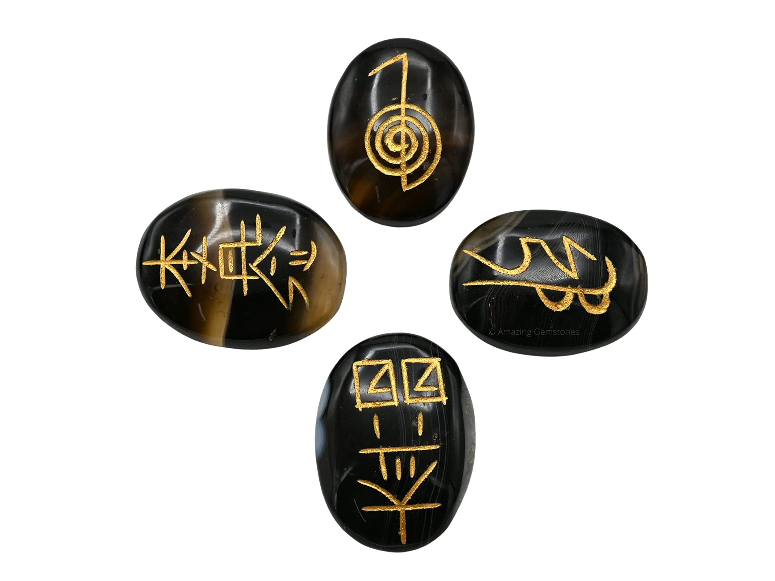 Sulemani Agate Crystal Reiki Stones with Engraved Symbols for Usui Reiki Healing Set of 4 Pcs (Indian Handmade Reiki Gift Set)