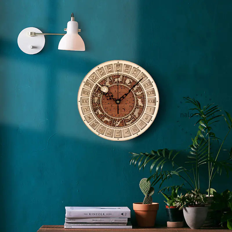 Prague Astronomical Clock Replica | Zodiac Wall Clock | Mystical Wooden Astrology Home Decor