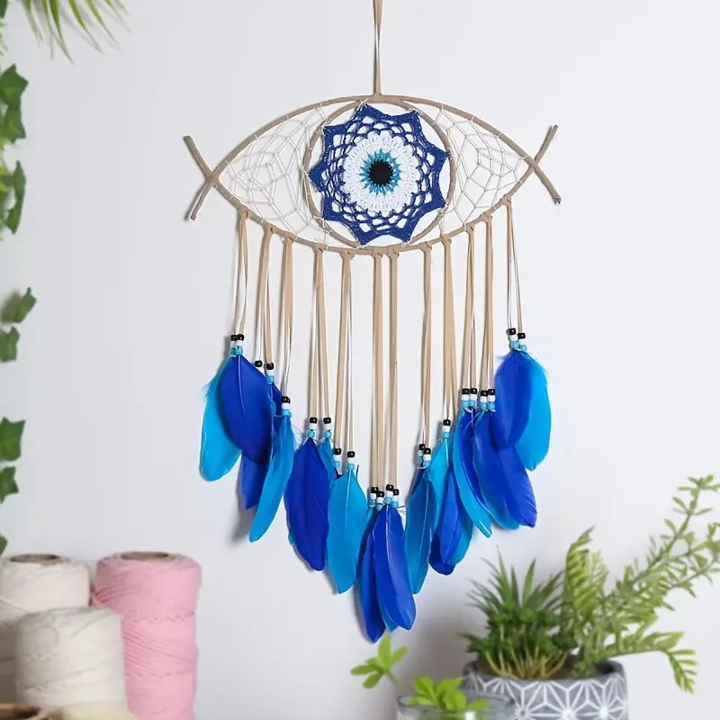 Evil Eye Dream Catcher Handmade | Nazar Protection Wall Hanging | Boho Feather Decor | Spiritual Good Luck Charm | Bedroom Home Decor Gift
