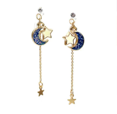 Celestial Moon & Star Tassel Earrings — Blue Gold Drop