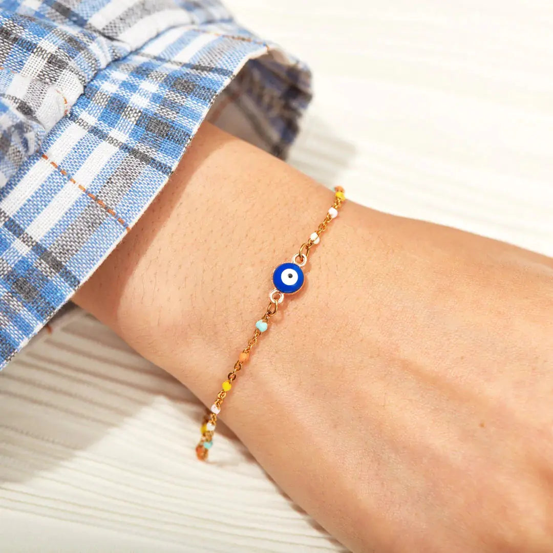 Sterling Silver Evil Eye Bracelet | S925 Enamel Nazar Protection | Blue Gold Charm Bracelet | Spiritual Jewelry | Good Luck Gift for Her