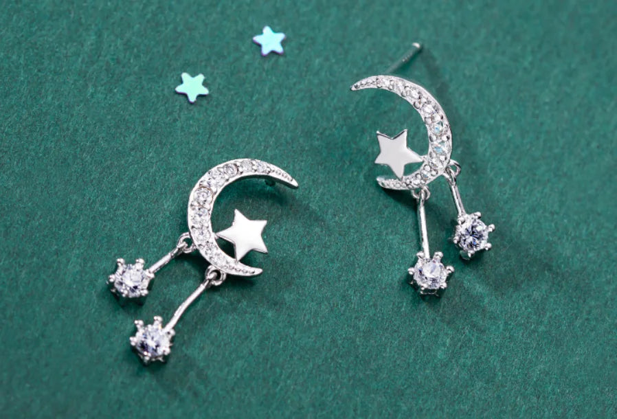 Star & Moon Tassel Drop Earrings — Asymmetric Celestial Silver