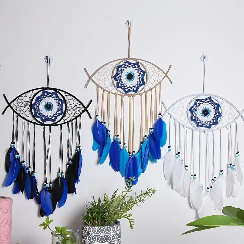 Evil Eye Dream Catcher Handmade | Nazar Protection Wall Hanging | Boho Feather Decor | Spiritual Good Luck Charm | Bedroom Home Decor Gift