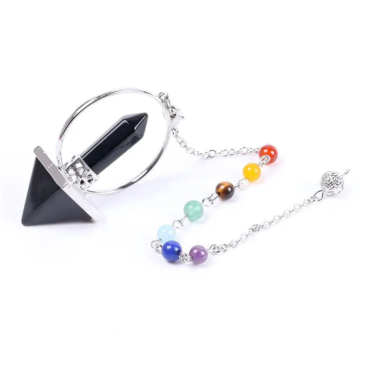 Obsidian Crystal Dowsing Pendulum | 7 Chakra Beaded Chain | Divination & Energy Healing Tool