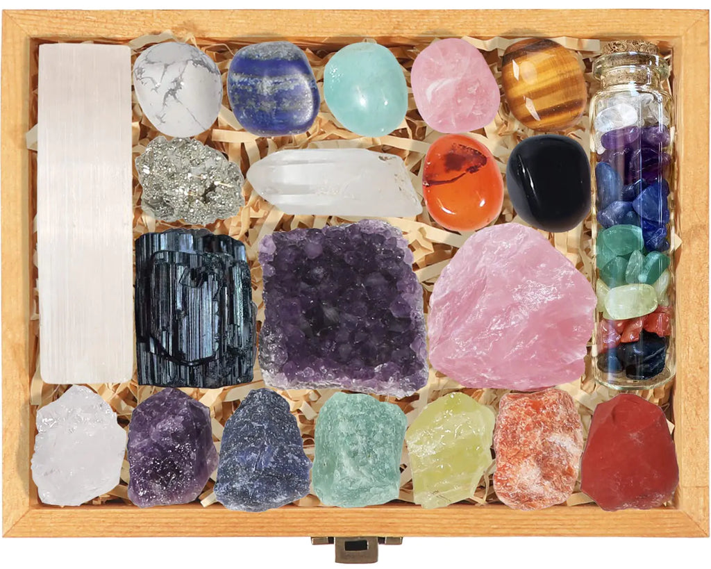 Beginner's Crystal Healing Collection — 21 Piece Chakra Set with Wooden Box