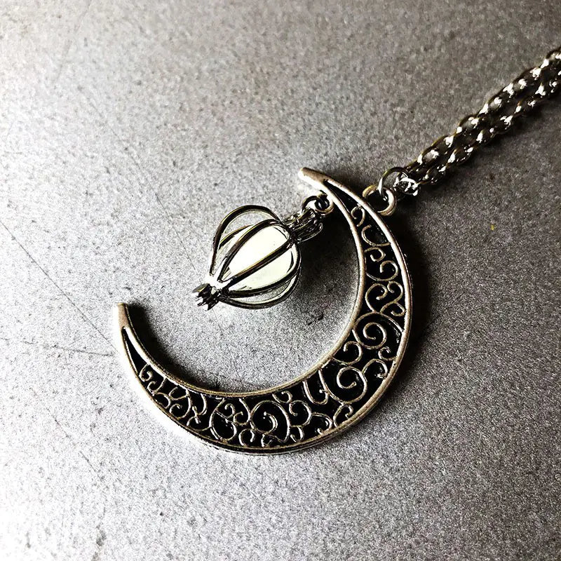 Halloween Hollow Moon Necklace with Heart Birdcage Pendant